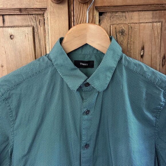 Men's Theory Small Zack Button Up Green White Dots Button Collar Short Sleeve - Picture 2 of 11
